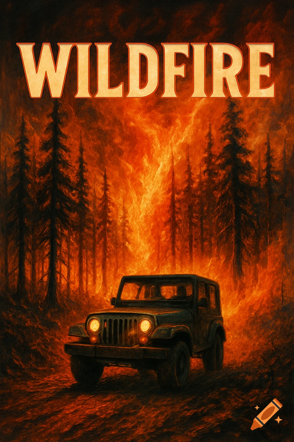 A jeep drives through a forest engulfed in wildfire. The word WILDFIRE is at the top.