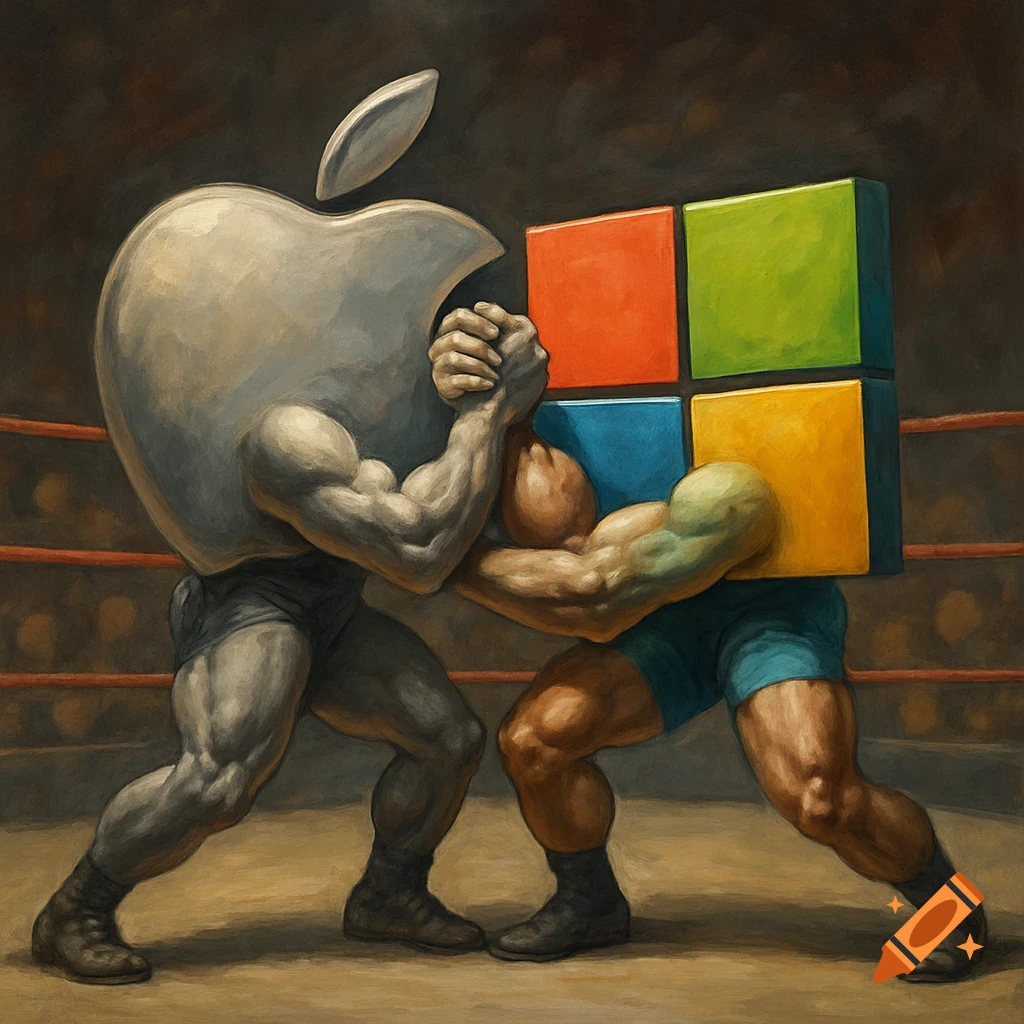 Anthropomorphic Apple and Microsoft logos wrestling in a boxing ring, painted style.