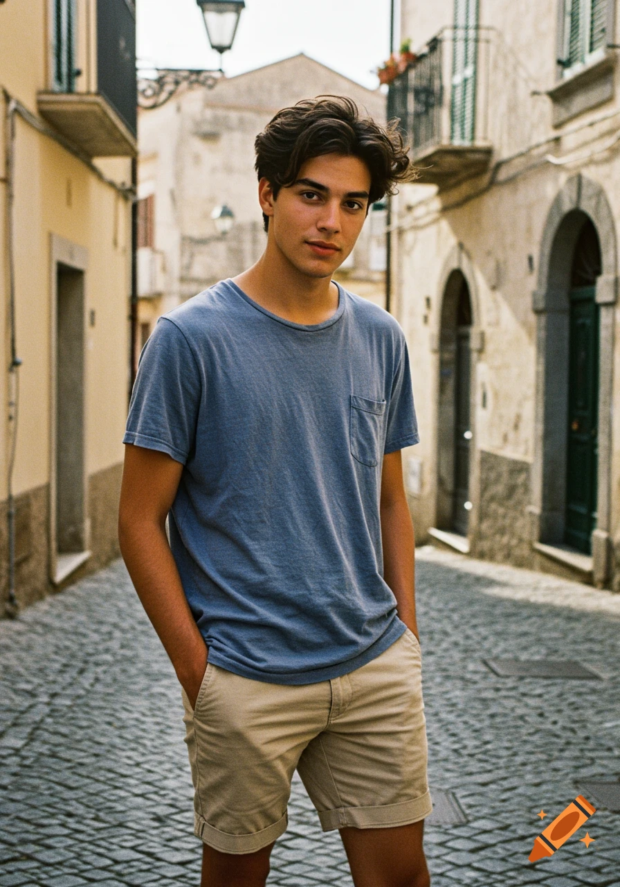A young man stands with his hands in his pockets in a narrow cobblestone street.