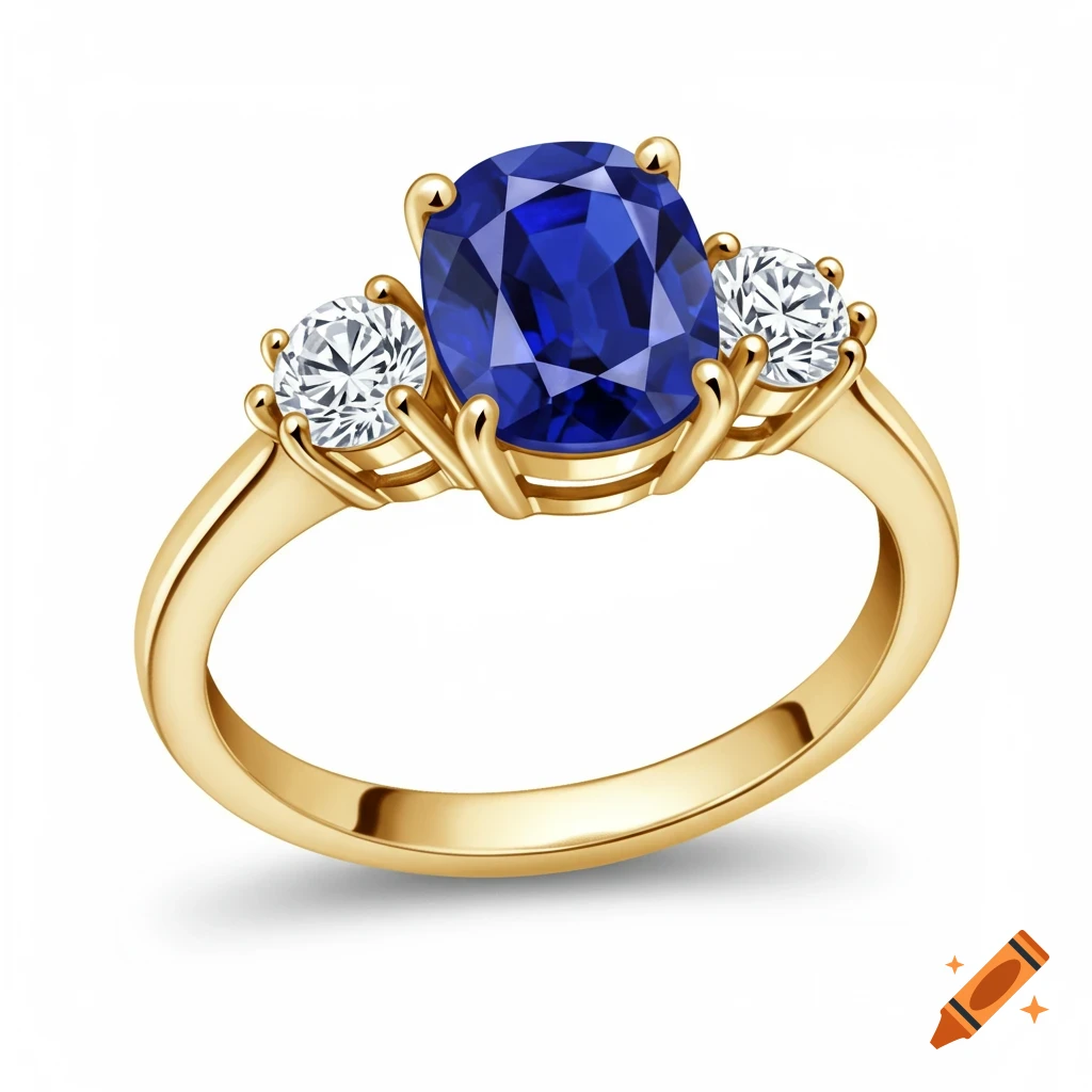Gold ring with a large oval blue sapphire flanked by two round white diamonds on a white background.