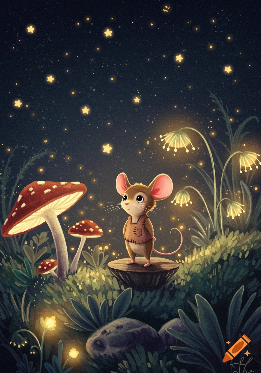 Cartoon illustration of a mouse standing in a glowing fantasy forest at ...