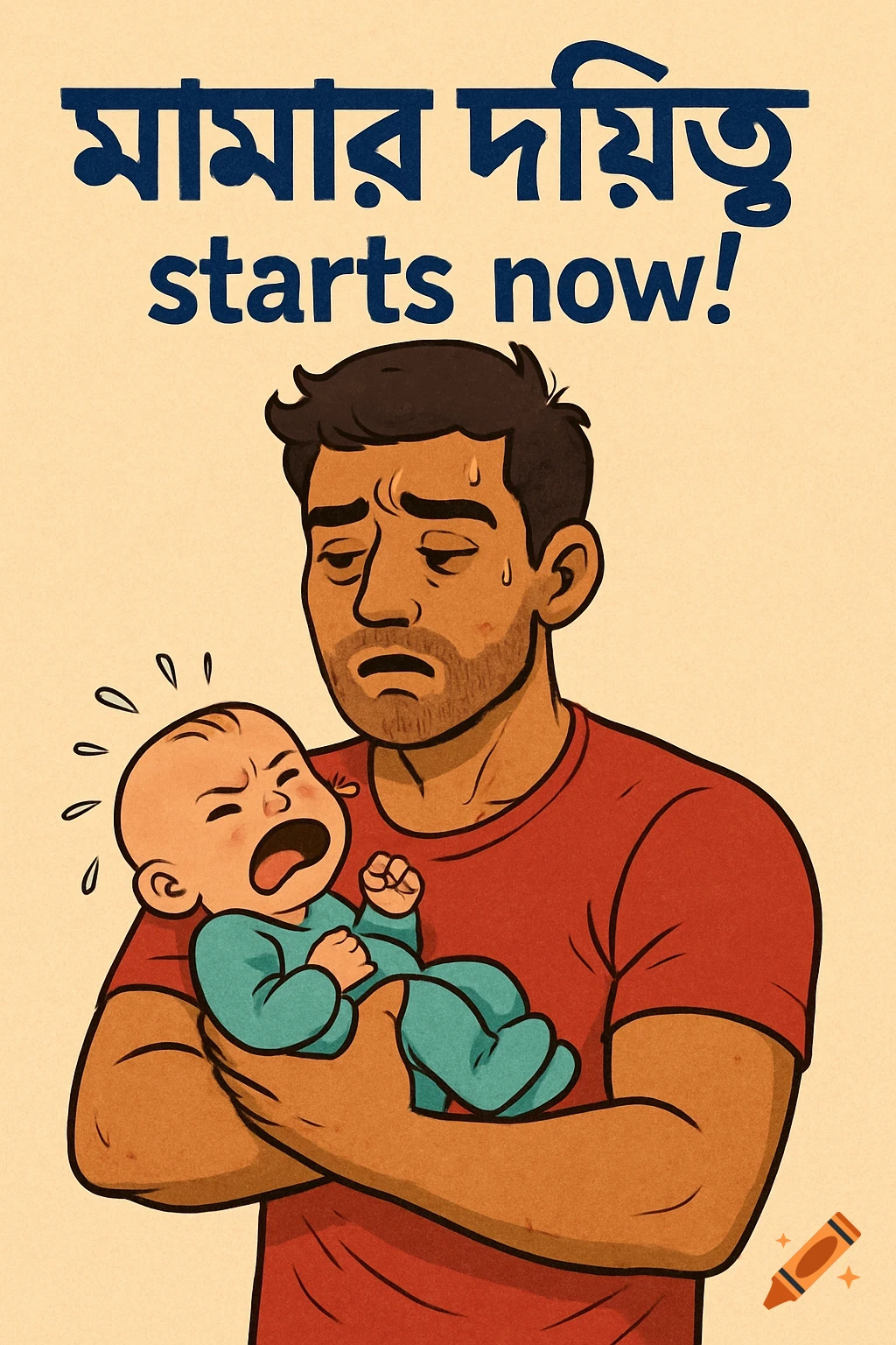 Cartoon illustration of an exhausted man holding a crying baby with the text 'মামার দায়িত্ব starts now!' above them.