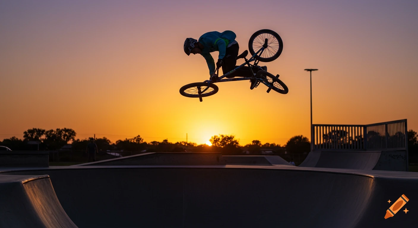Silhouette of a BMX rider doing a trick mid-air at a skate park during sunset.