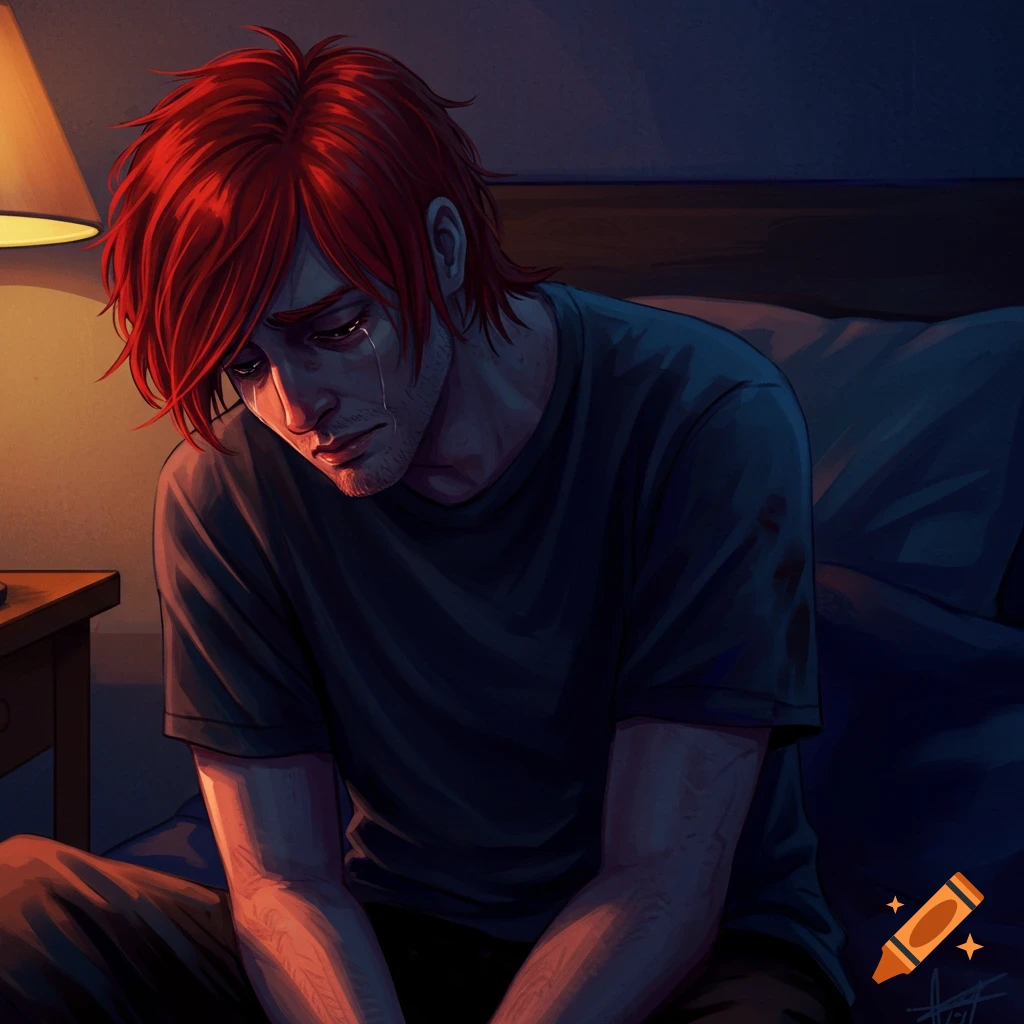 Illustration of a sad man with red hair crying on a bed in a dark room.