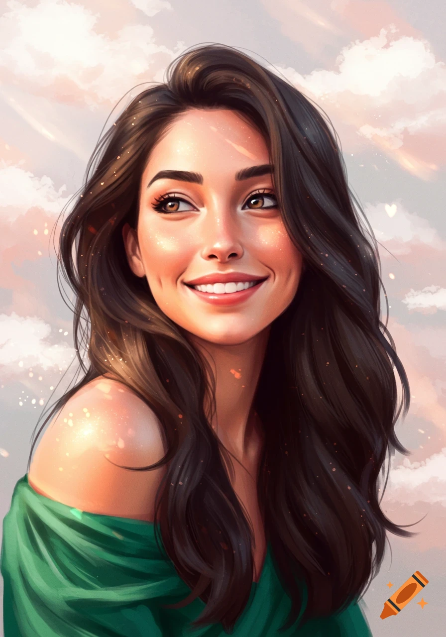 Digital painting portrait of a smiling young woman with long brown hair ...