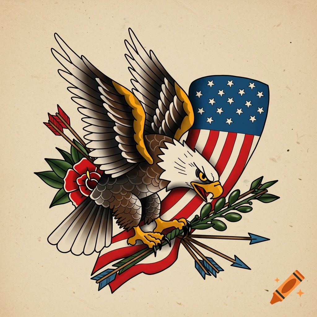 American traditional tattoo art of an eagle with flag, rose, arrows, and olive branch.