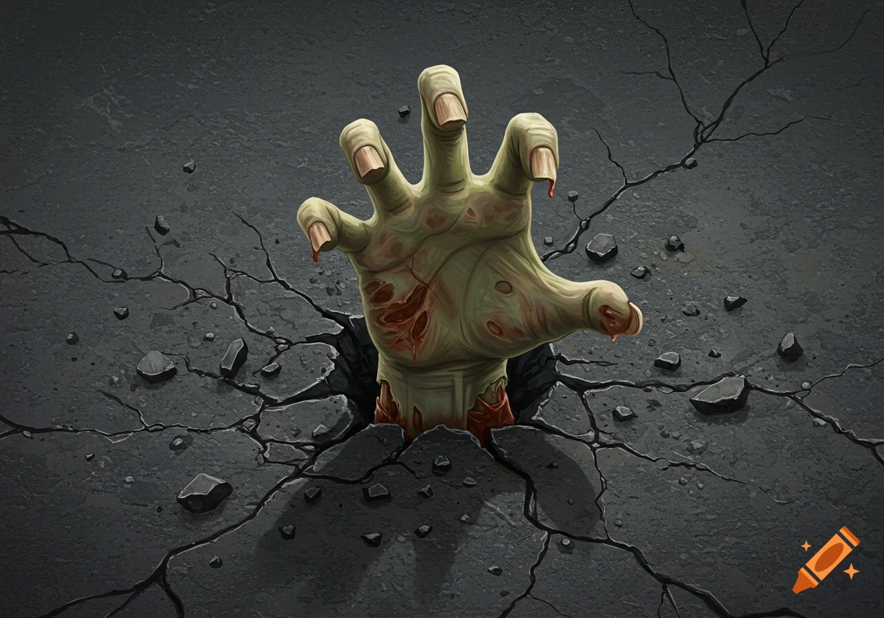 A gnarled zombie hand with bloody fingers reaches out of cracked earth.