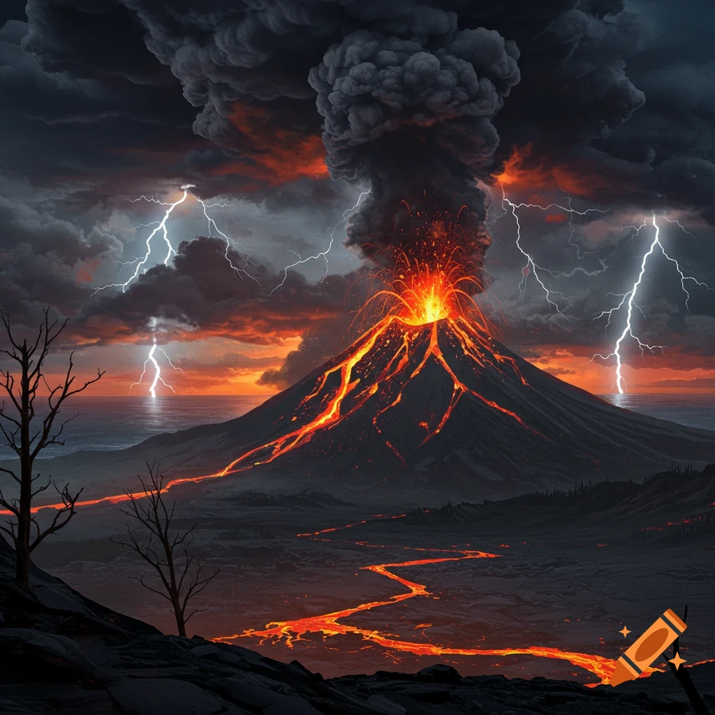 Volcano erupting with lava flows and lightning under a stormy sky.