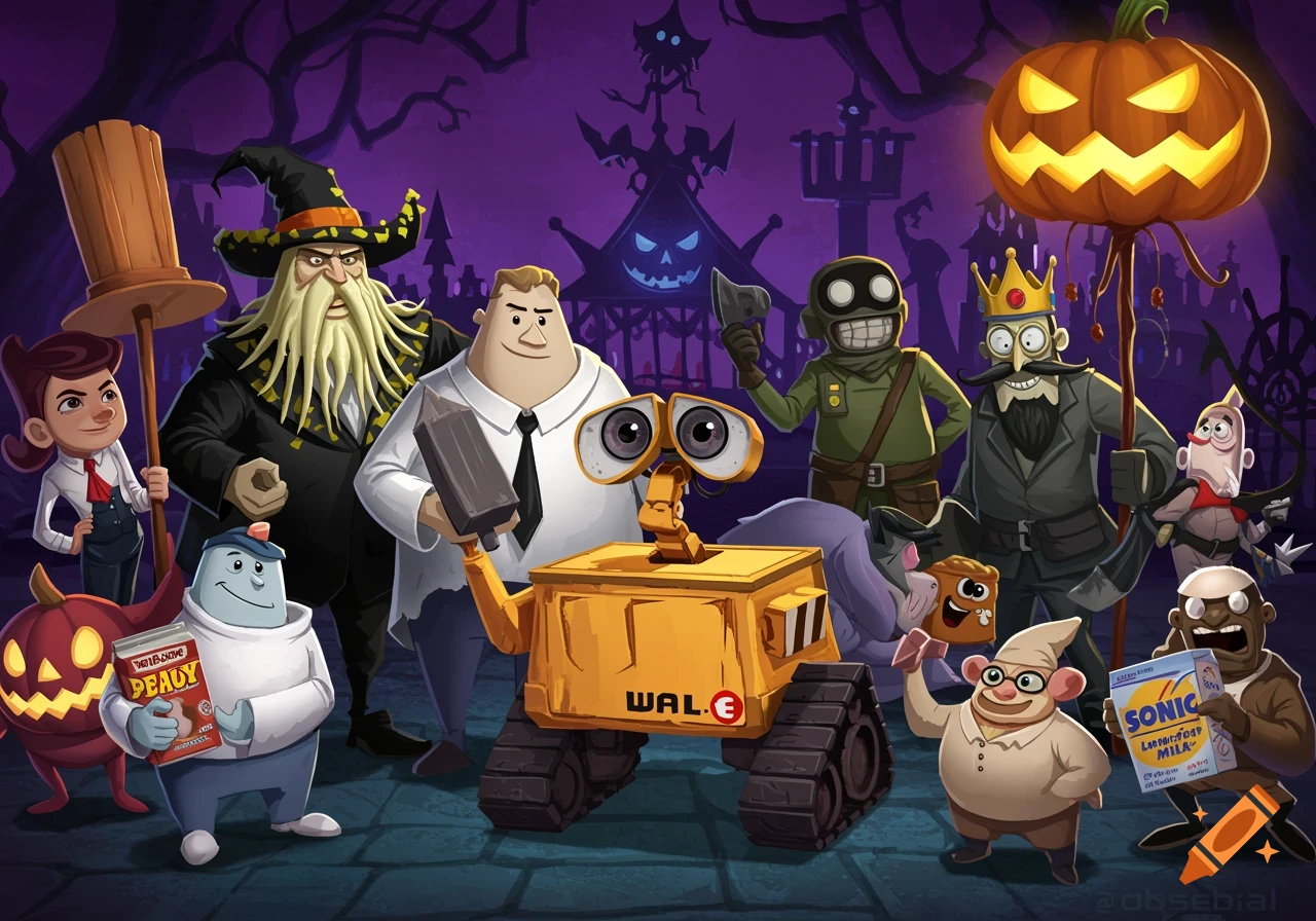 A cartoon illustration of various characters in Halloween costumes ...