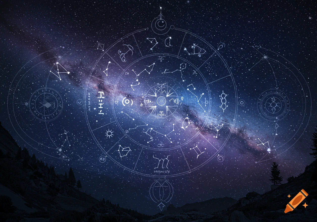 A celestial chart overlayed on a starry night sky with the Milky Way and mountains below.