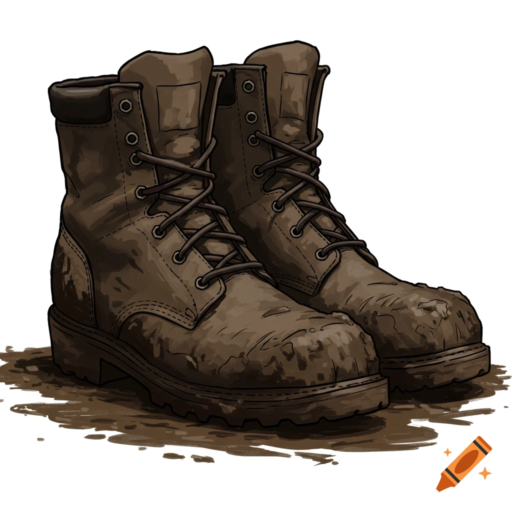 Illustration of a pair of muddy brown work boots.