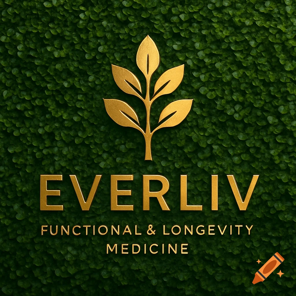 A gold leaf logo above the text EVERLIV FUNCTIONAL & LONGEVITY MEDICINE on a green leafy background.