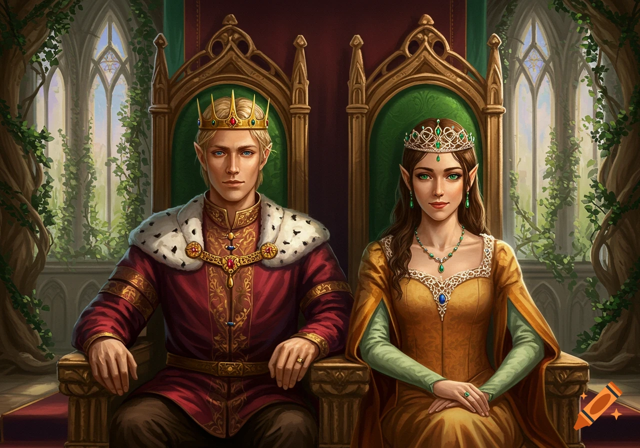 Portrait of an elven king and queen on thrones in a fantasy setting. on ...