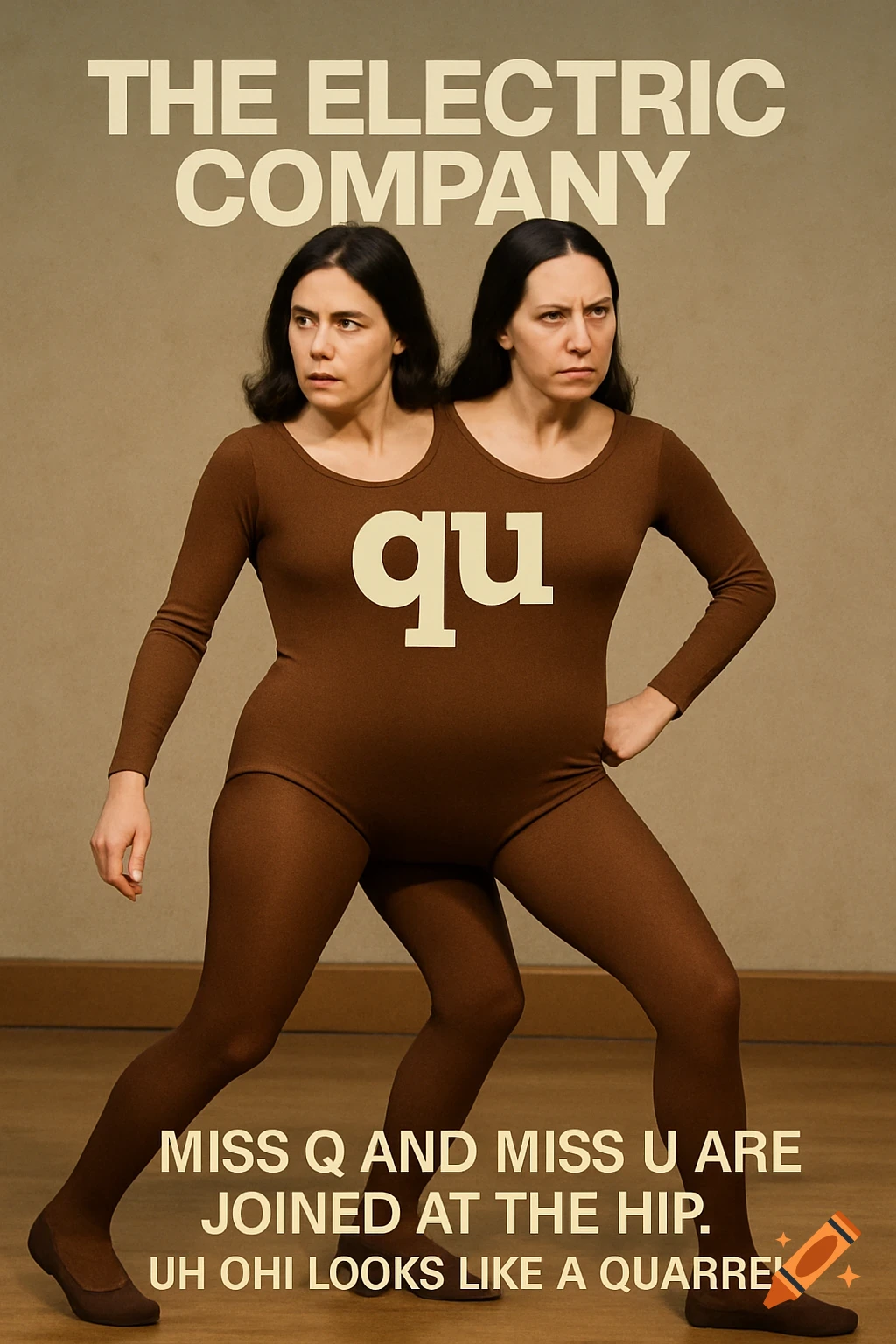 Retro poster for The Electric Company show, featuring two women joined in a leotard with 'qu' on the chest