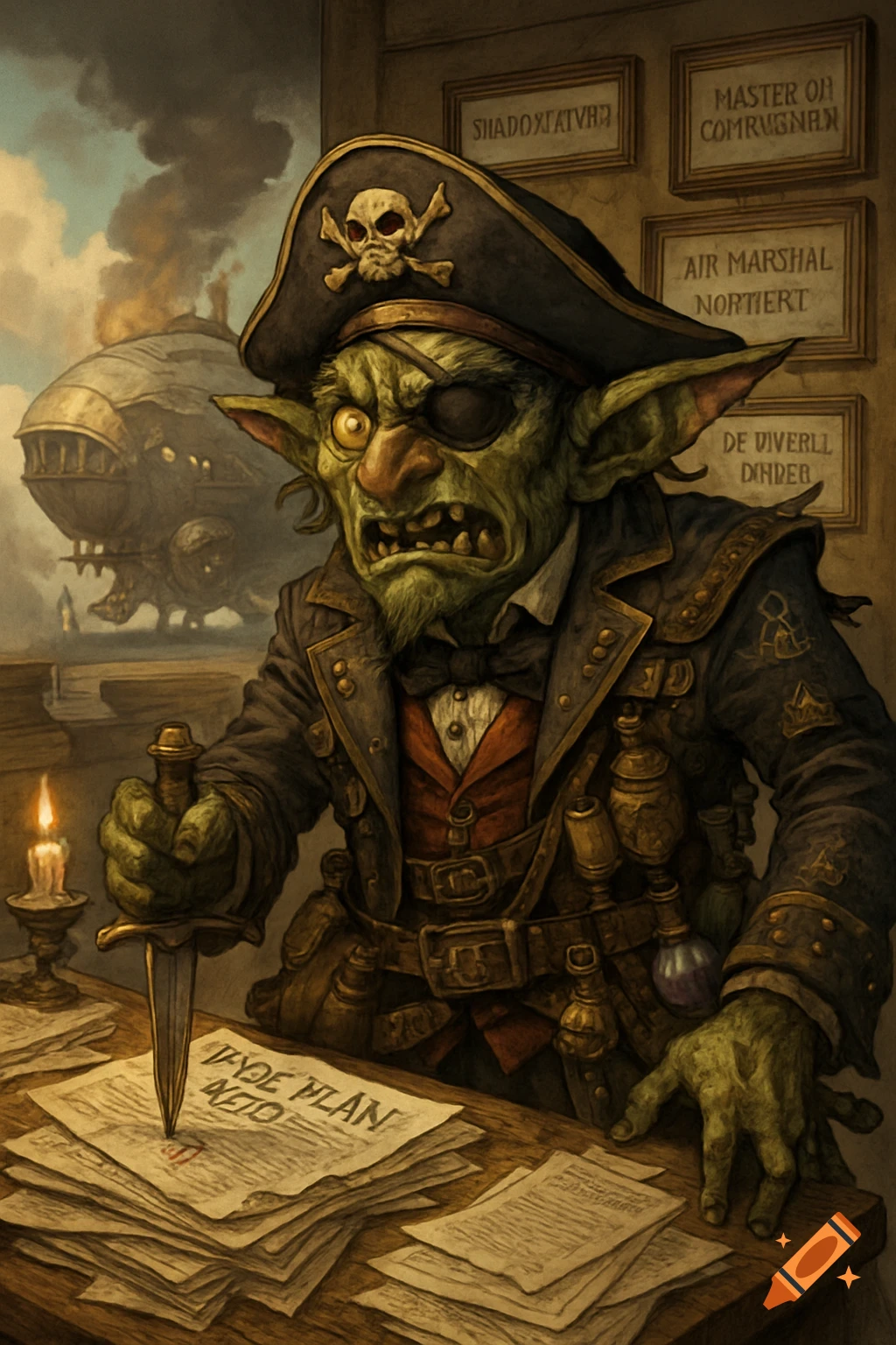 A wild-eyed goblin in steampunk pirate attire stabs a document on a cluttered desk with a dagger. An airship is visible in the background.