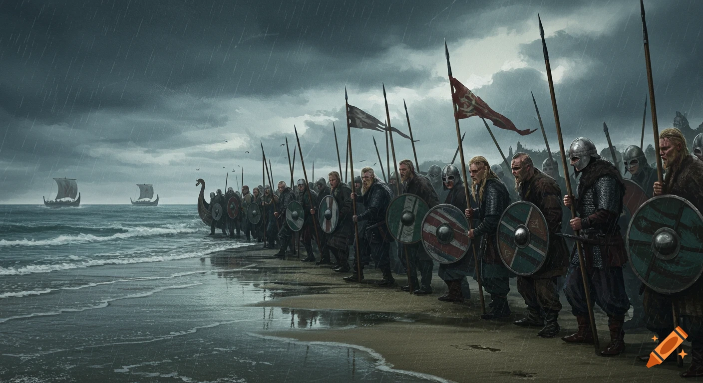 Line of Vikings with shields and spears on a beach under rainy sky, longships in the background.