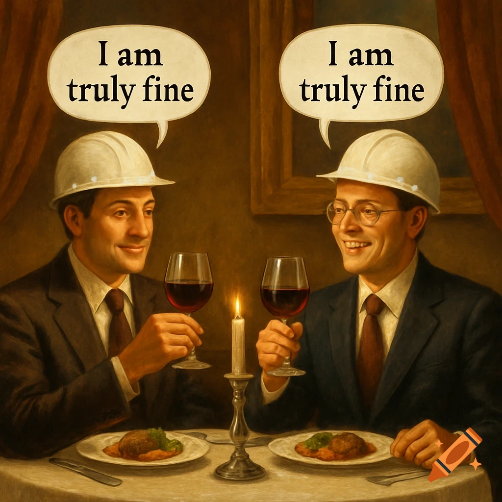 Two men in hard hats toast wine glasses while dining, speech bubbles above them say "I am truly fine".
