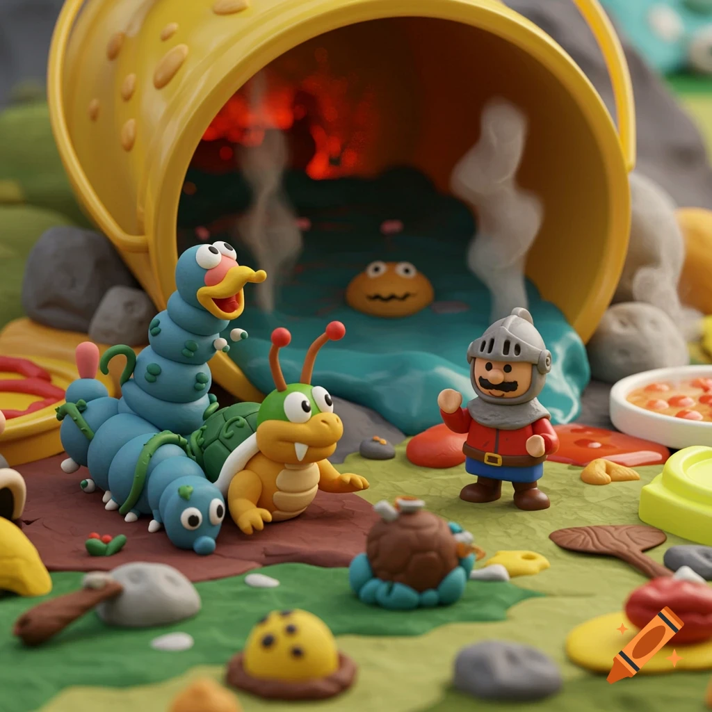 Claymation scene with video game characters resembling a Wiggler, Koopa, and knight near a bucket and hot spring.