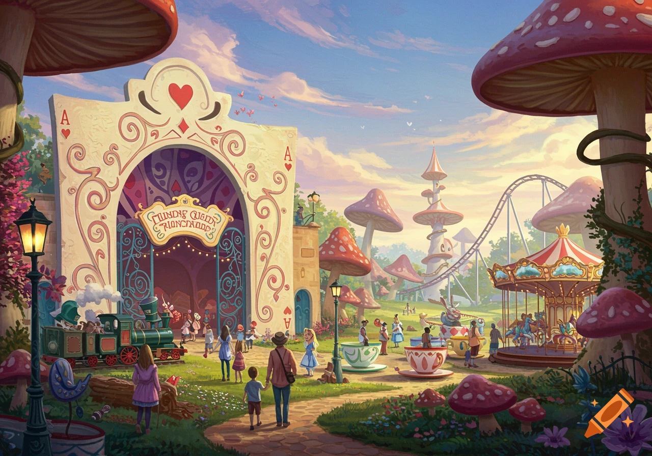 An illustration of an Alice in Wonderland-themed amusement park with large mushrooms, a main entrance building, rides, and people.