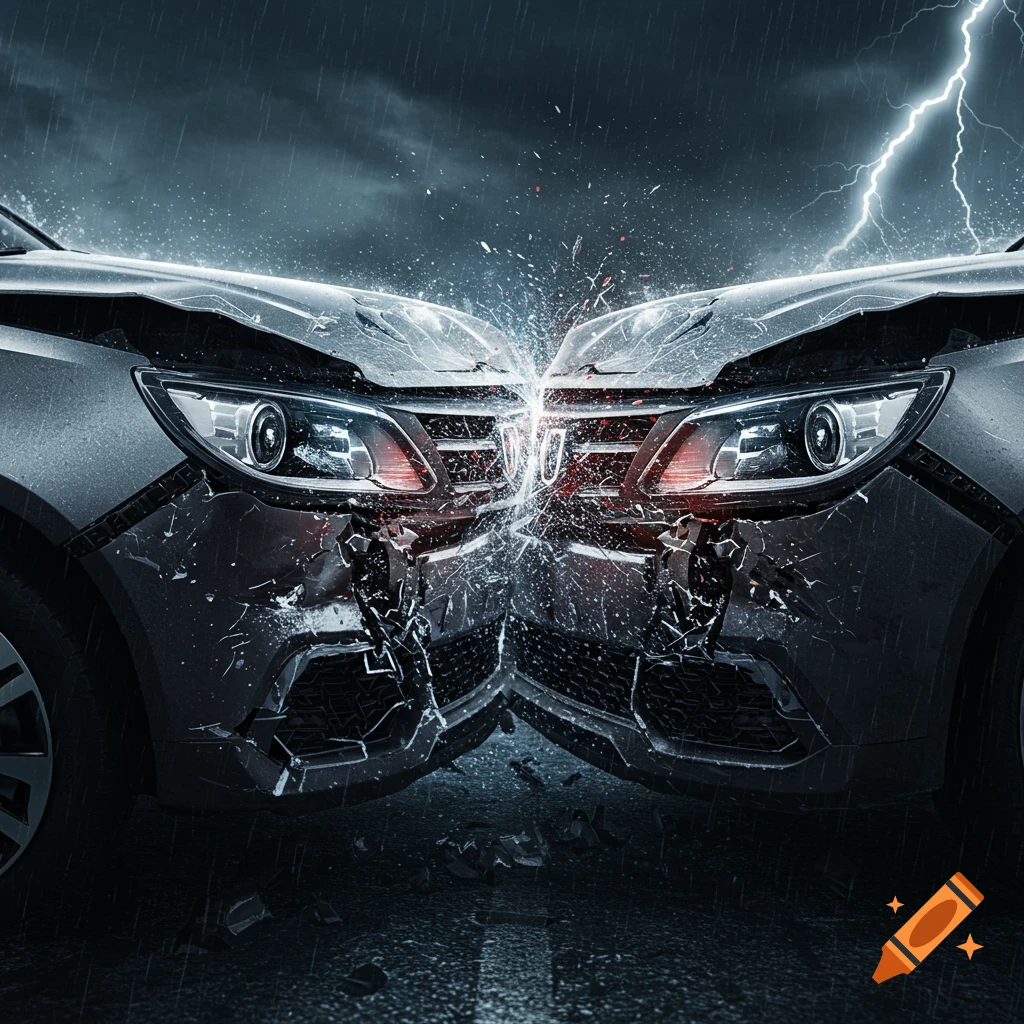 Two cars crashing head-on during a stormy night with rain and lightning.