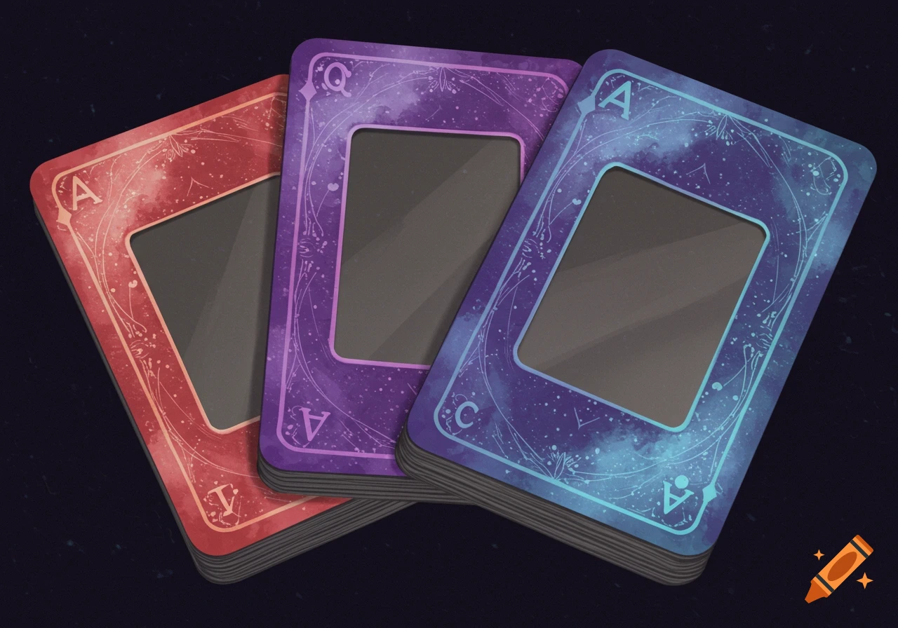 Three playing cards with galaxy designs and transparent windows, fanned out.
