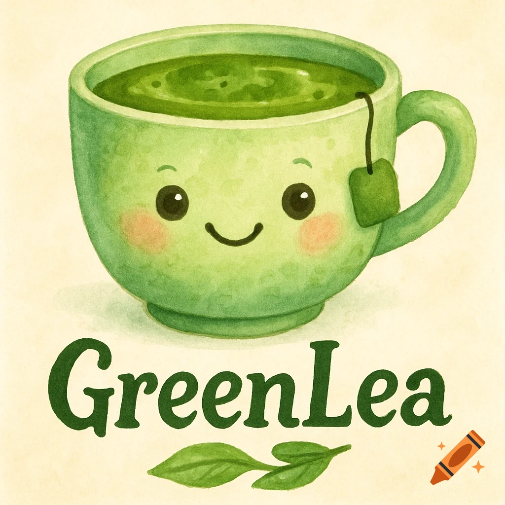 Cute watercolor illustration of a green tea cup with a face and the text GreenLea.