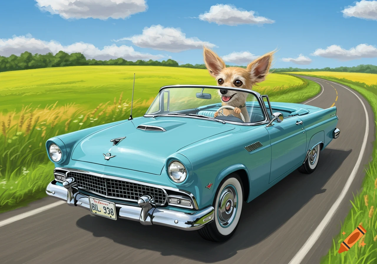 Chihuahua driving a blue classic convertible car down a country road, illustrated style.
