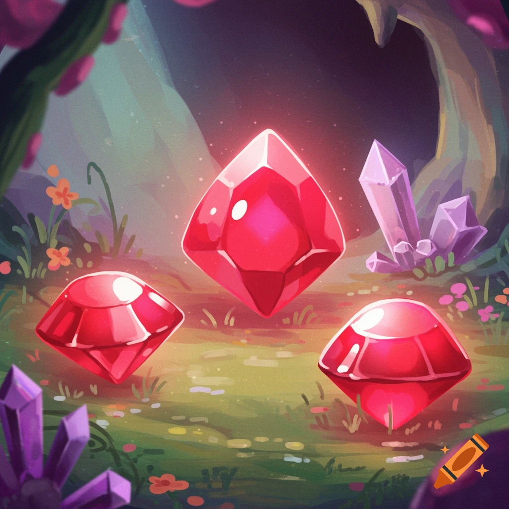 Three red gems and purple crystals in a magical forest clearing. Stylized illustration.