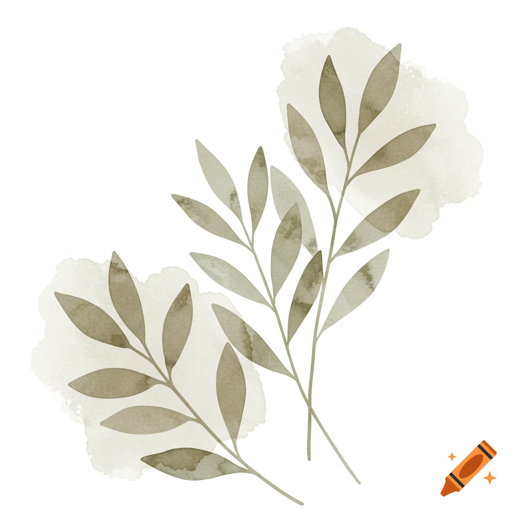Minimalist watercolor illustration of two branches with leaves and watercolor splatters.