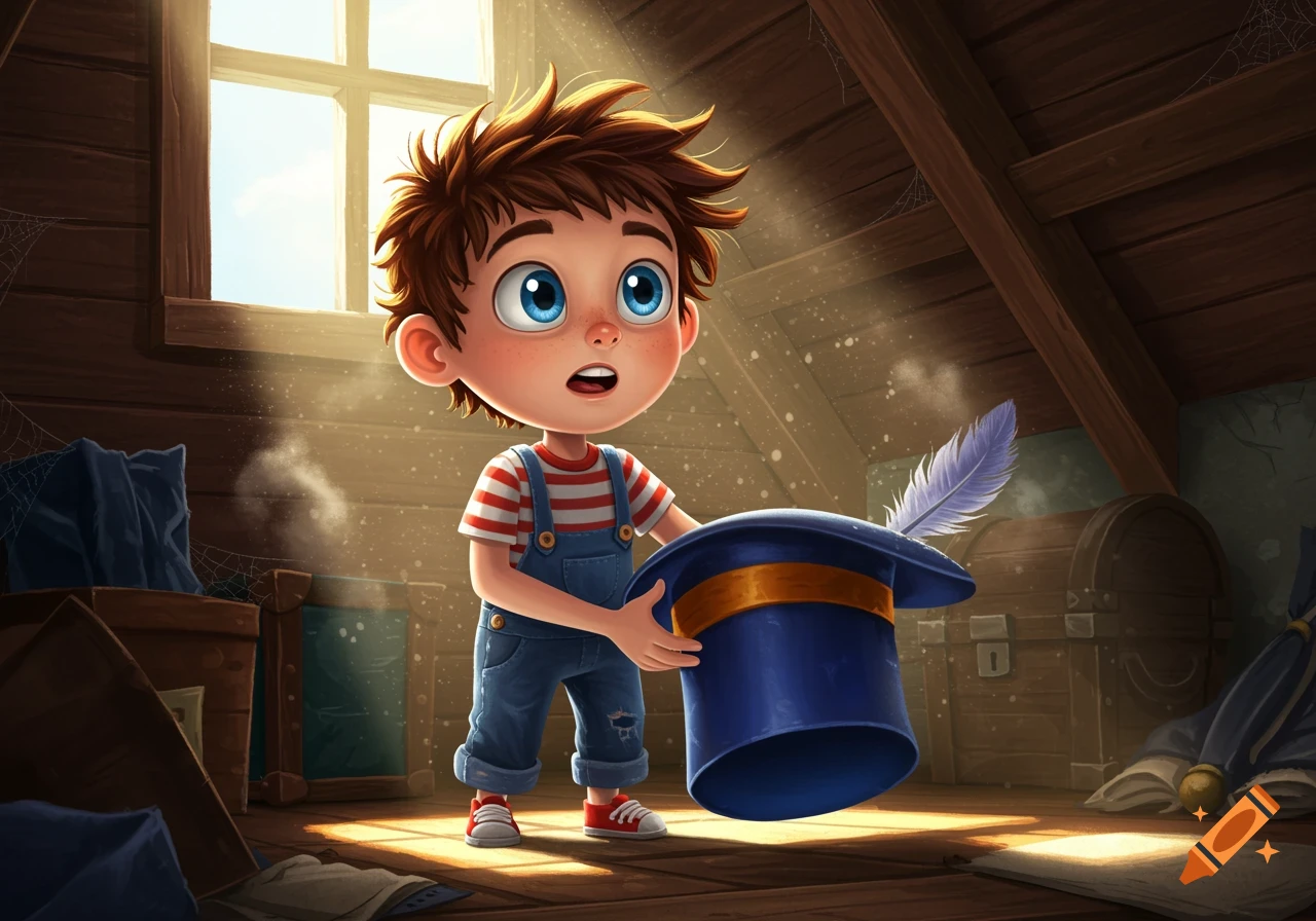 A surprised cartoon boy in an attic holds a blue magic hat with a feather.