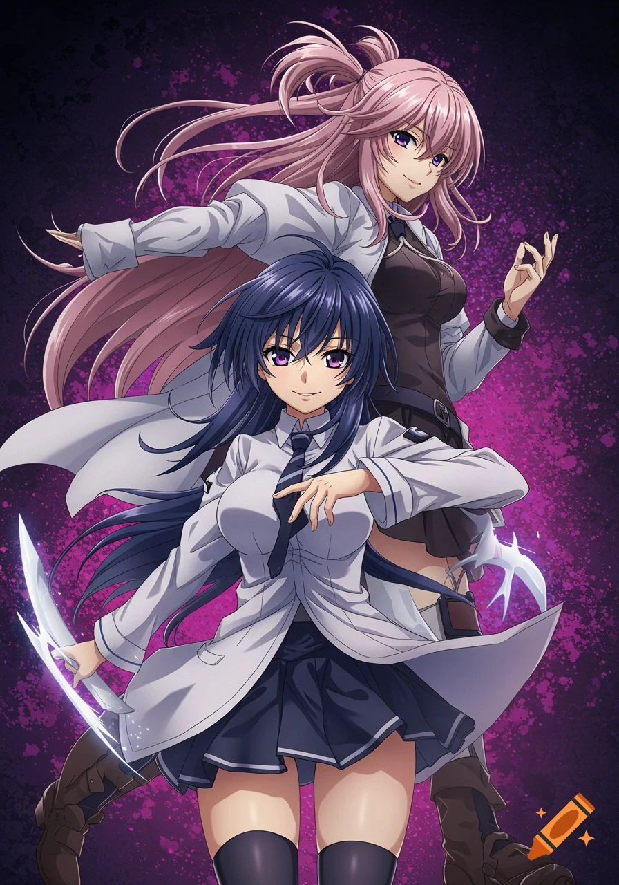 Two anime women with blue and pink hair pose with glowing blades against a purple background.