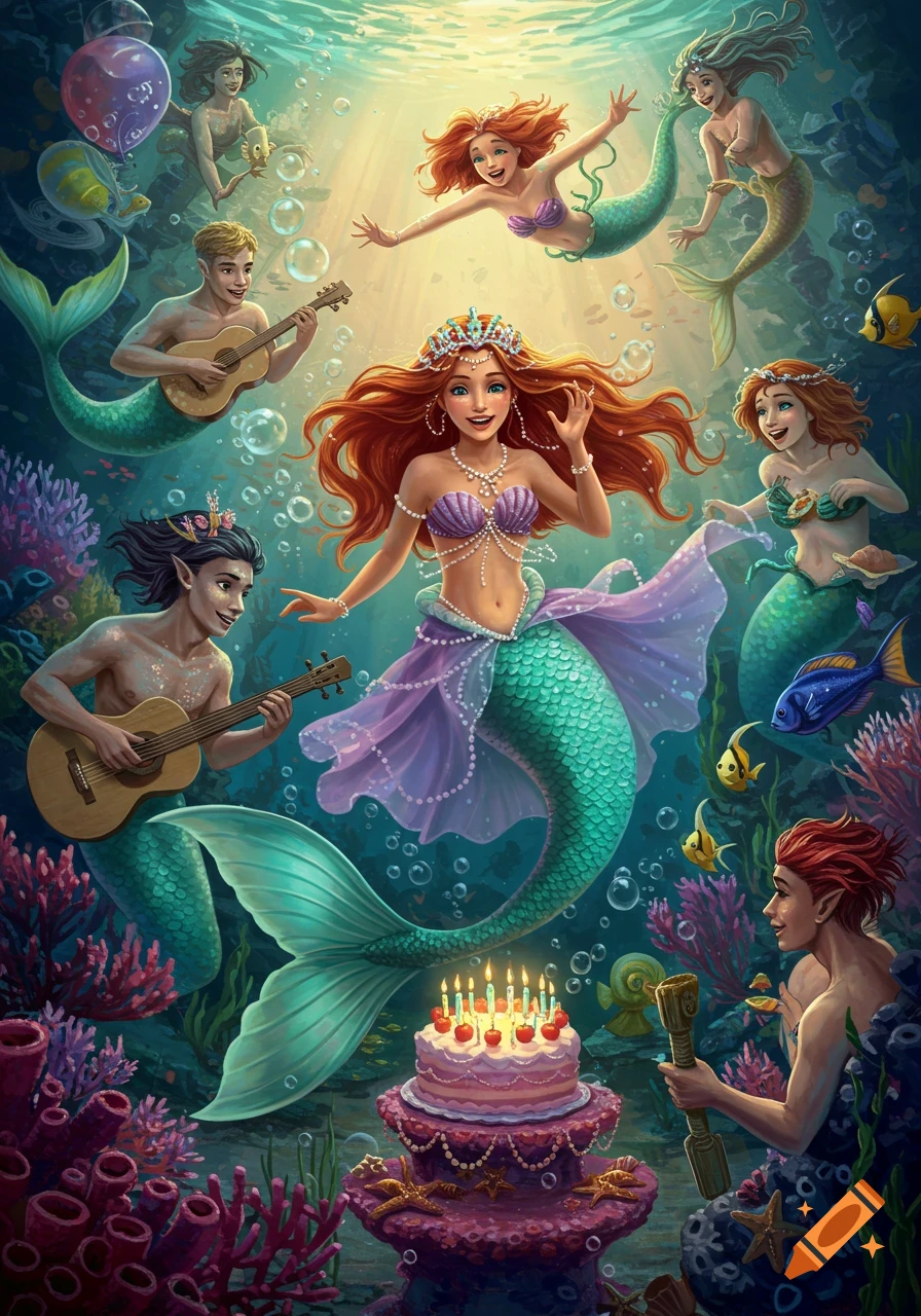 Underwater illustration of mermaids and mermen celebrating a birthday with cake and music among coral reefs.