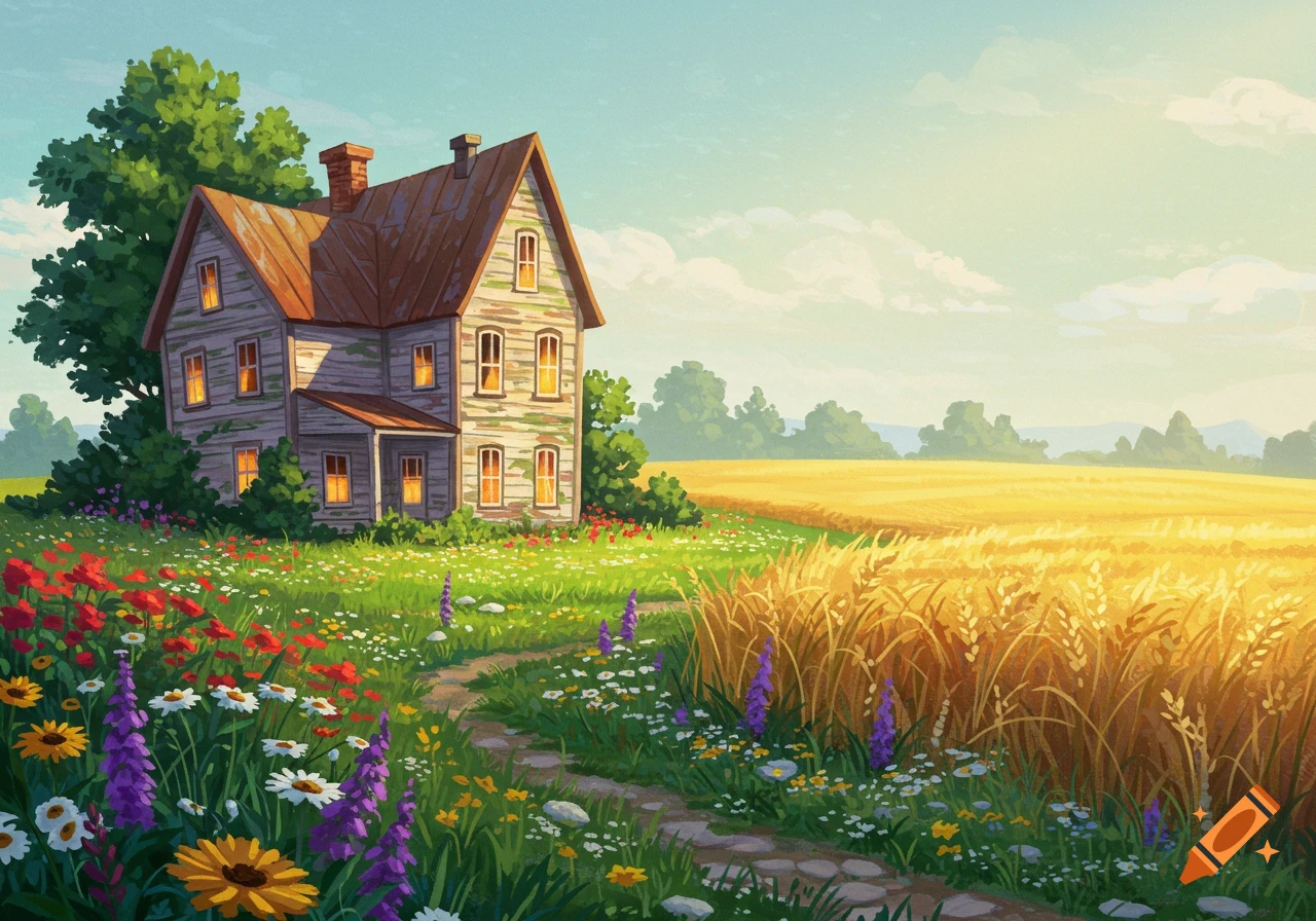 A whimsical farmhouse surrounded by colorful wildflowers and a golden wheat field under a bright sky.