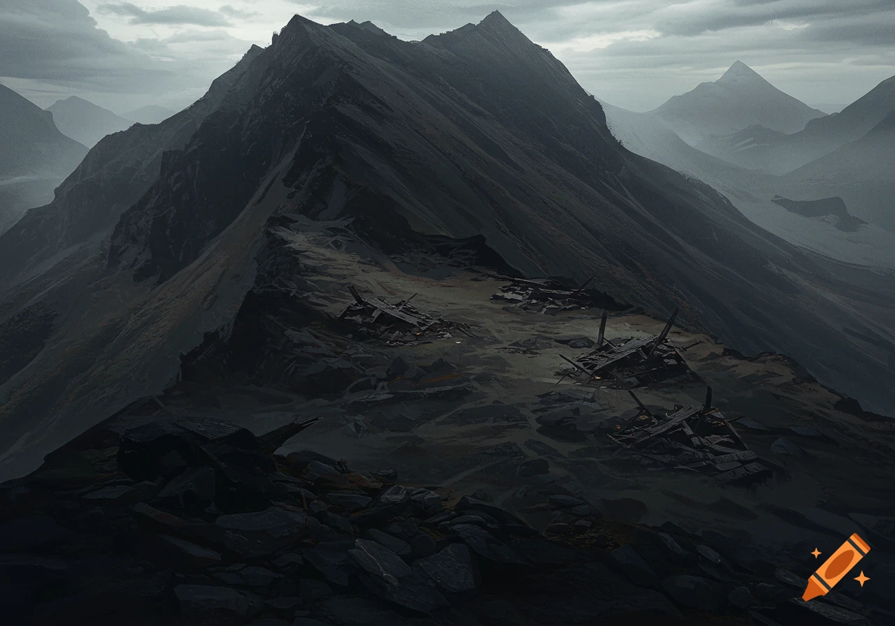 Dark, grey mountain landscape with wreckage on a rocky ridge under a cloudy sky.