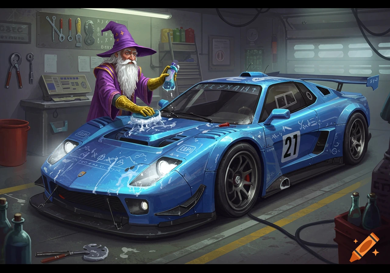 A wizard washes a blue racing car in a garage.
