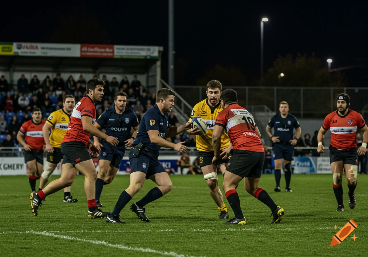 Rugby players tackle and run with the ball during a nighttime game on a grass field