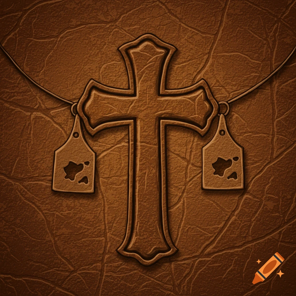 A brown textured background resembling leather with a cross and two tags hanging from strings