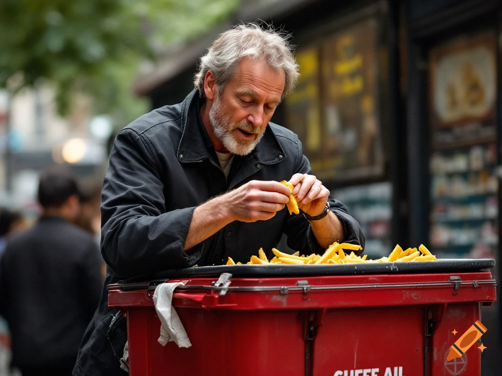 A man eats chips from a large red container on the street.