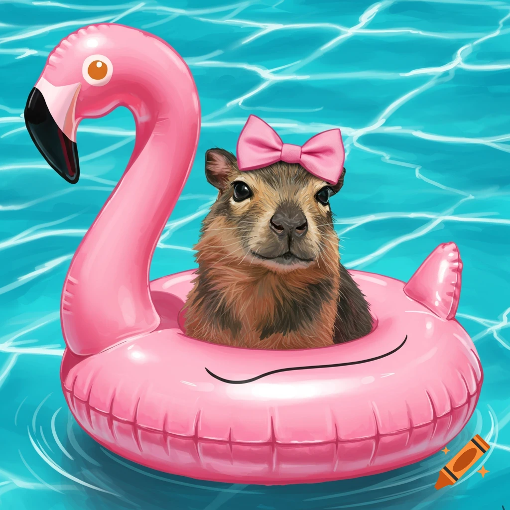 Painting of a capybara with a pink bow in a pink flamingo float in a pool.