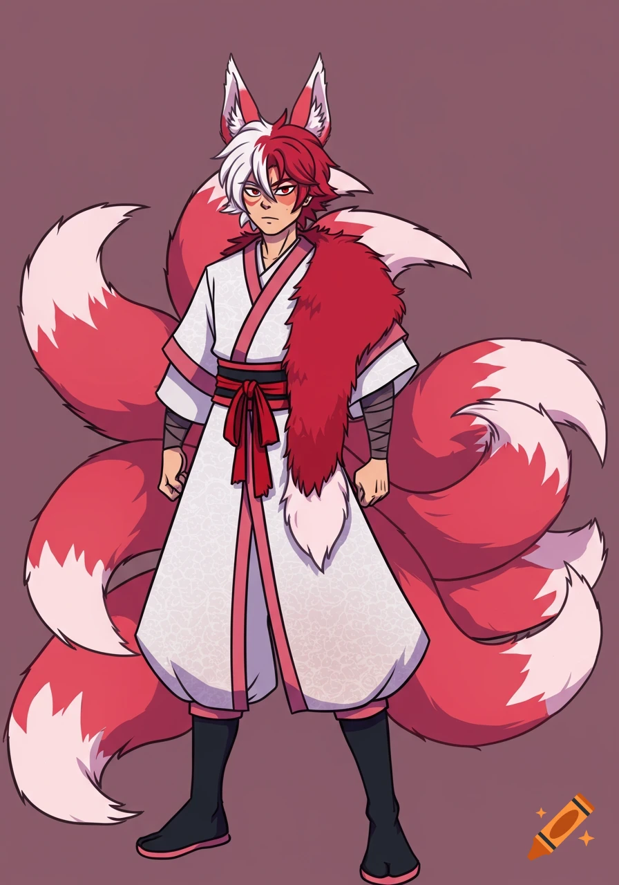 An anime male character with split white and red hair, kitsune ears and nine tails, wearing a white and red kimono.