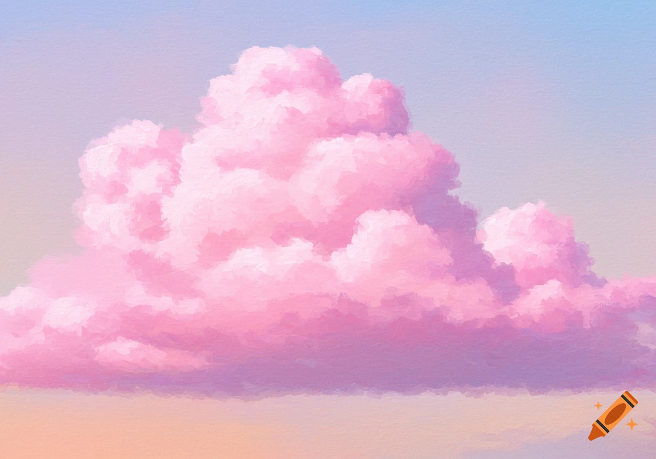 A large pink cloud against a gradient sky, painted in a textured style.