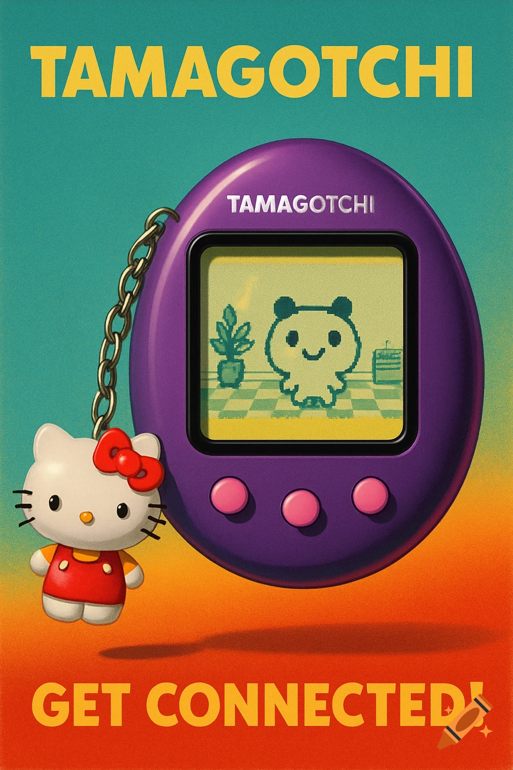Retro-style poster featuring a purple Tamagotchi and a Hello Kitty keychain against a teal and orange gradient background.
