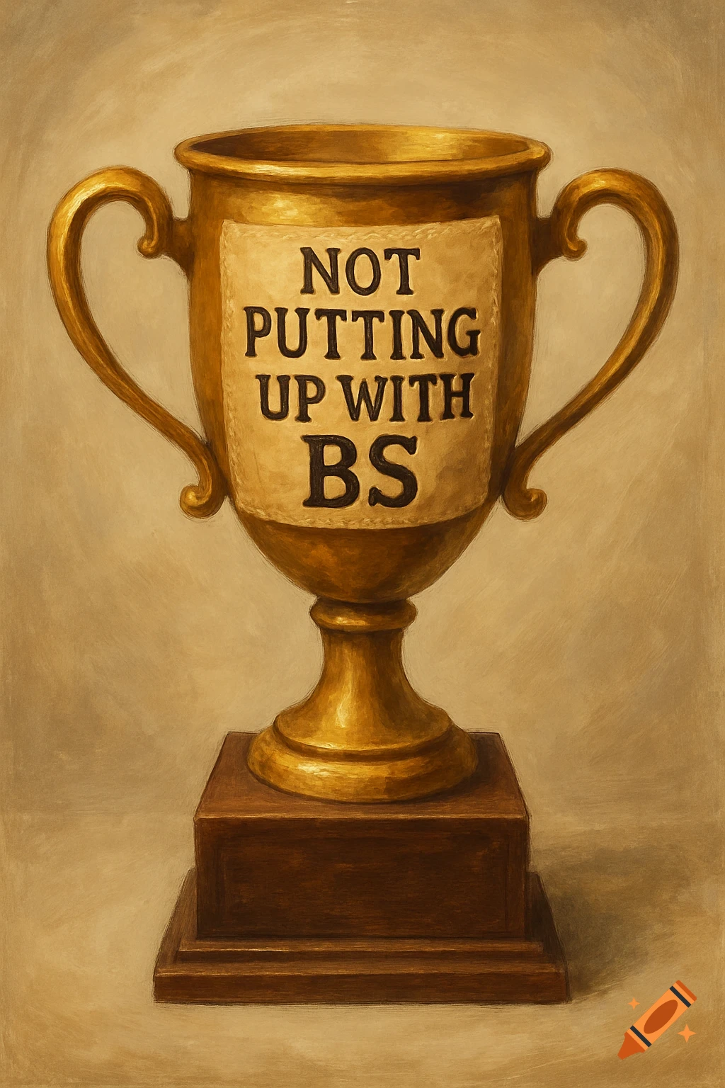 An oil painting of a gold trophy with a label reading 'NOT PUTTING UP WITH BS' on a wooden base.