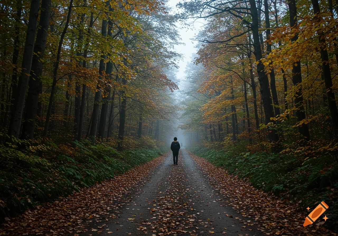 Person walks down a forest road covered in autumn leaves and fog on Craiyon