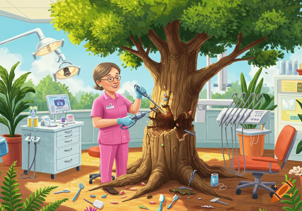 Illustration of a dentist in a pink uniform doing dental work on a large tree trunk in a dental office.