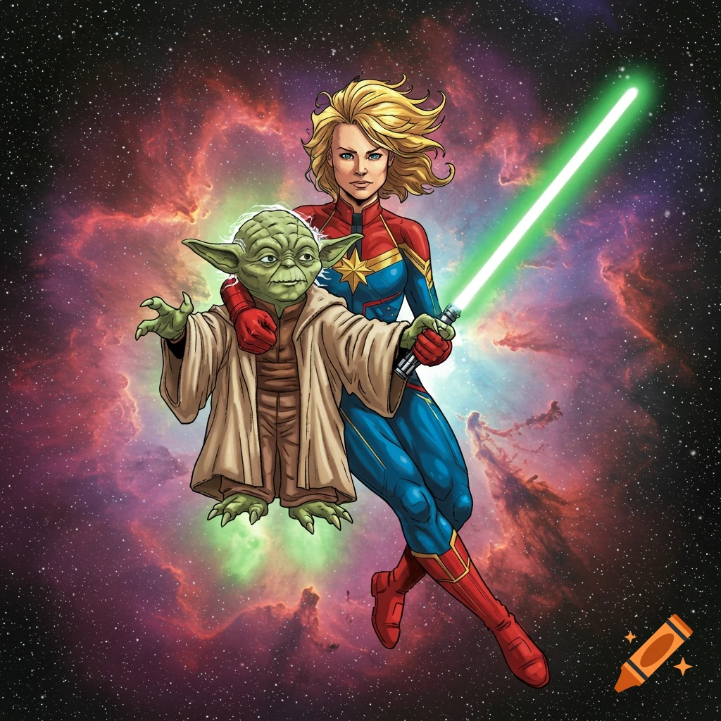 Captain Marvel and Yoda pose in space, Captain Marvel holding a green lightsaber.