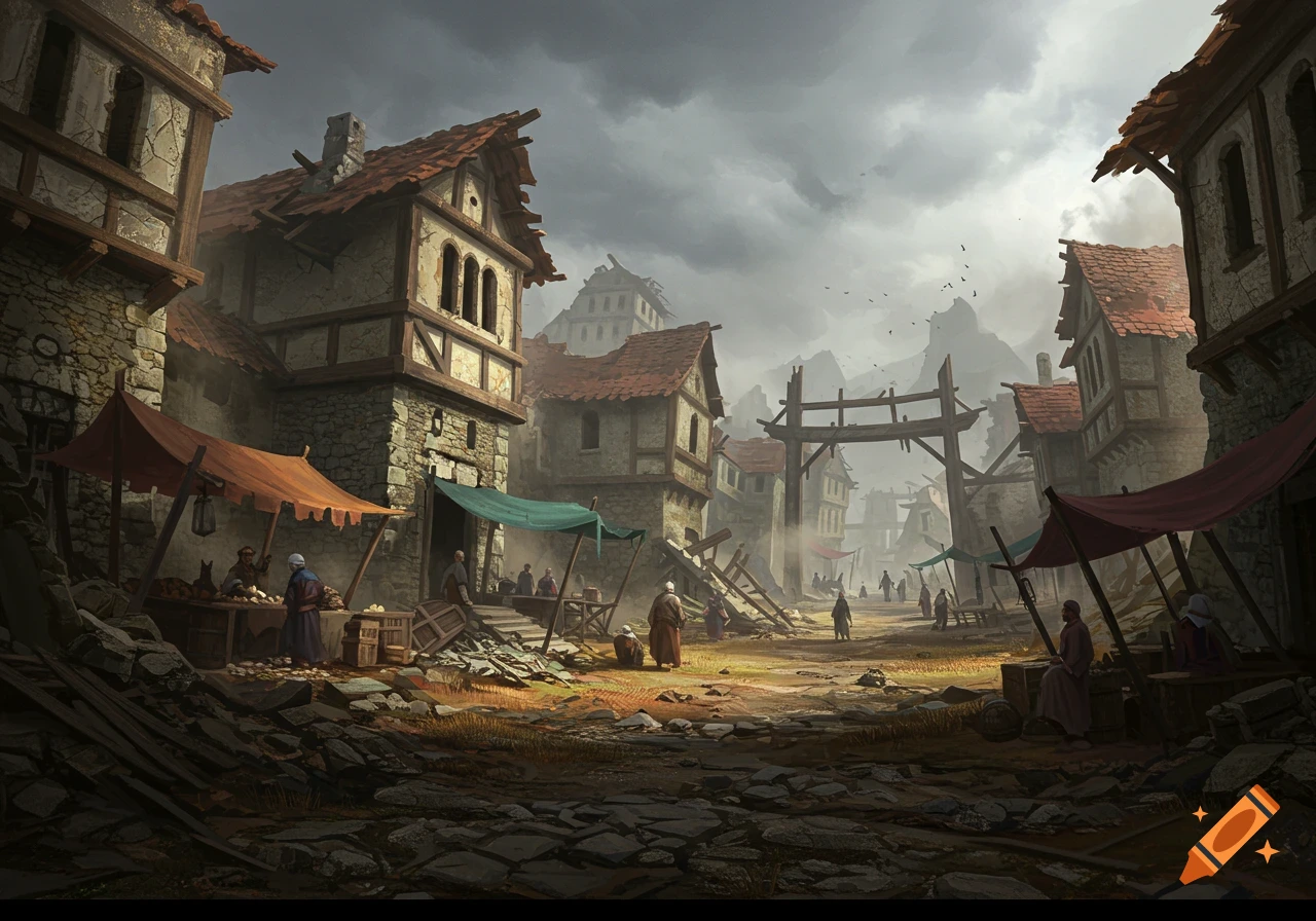 A fantasy village destroyed by an earthquake with damaged buildings and scattered figures under a stormy sky.