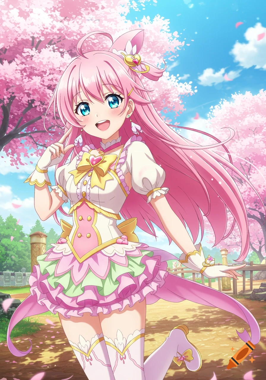 Anime girl with pink hair and a pink and white dress standing in a park with cherry blossoms.