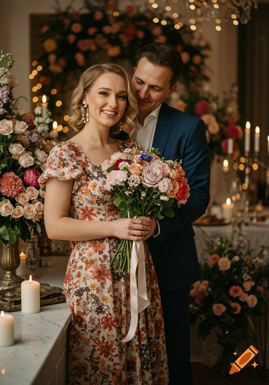 A couple smiles, standing close together with a bouquet of flowers in a room with candles and floral decorations.