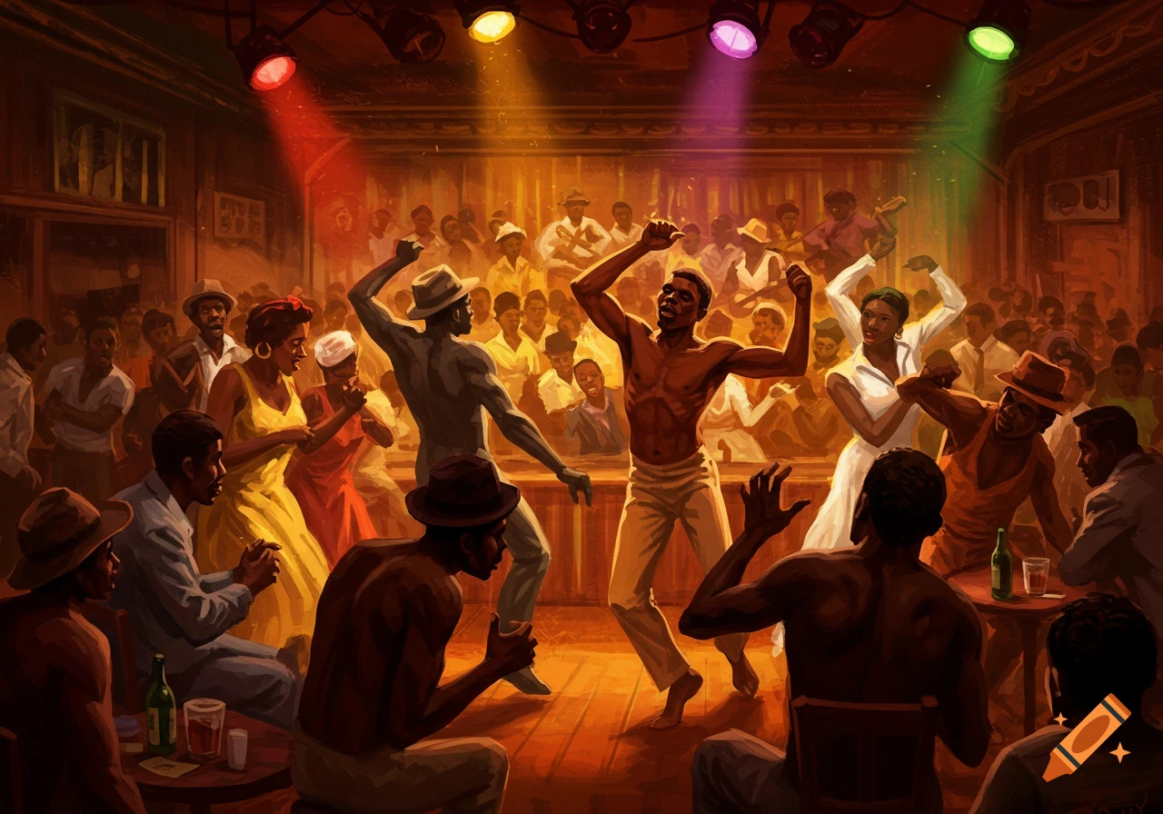 Painterly image of a crowded juke joint with people dancing under colored spotlights.